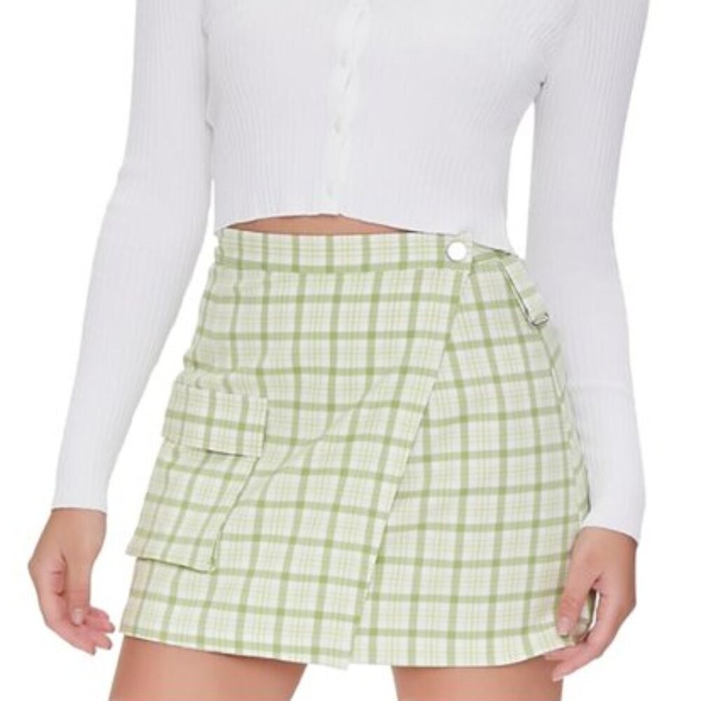 Forever 21 Women’s Avocado Green Plaid Mini Skirt Wrap Style With Pocket  M NWT - Picture 10 of 11